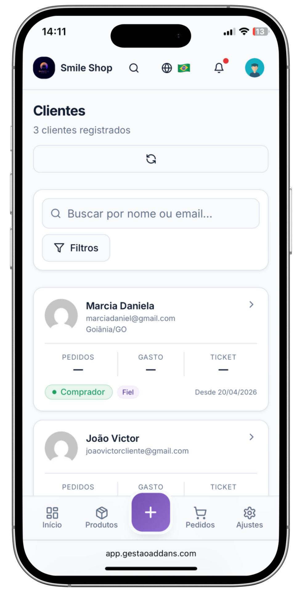 Aplicativo Gestão Addans — gestão de clientes WooCommerce no celular