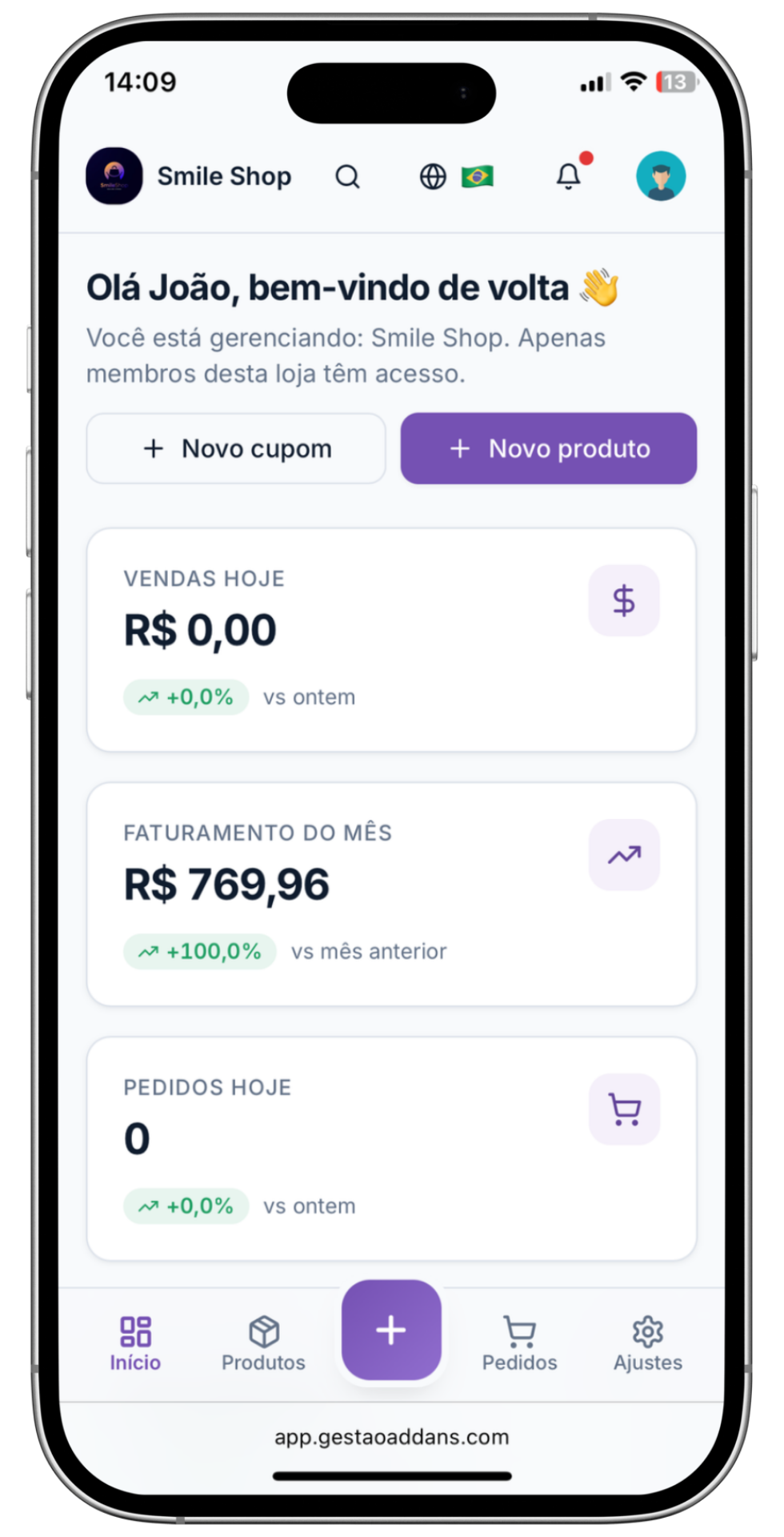 Aplicativo Gestão Addans — dashboard WooCommerce no celular